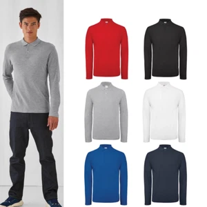 B&C Collection Men's Long Sleeve Polo Shirt PUI12-Casual Collared Cotton T-Shirt - Picture 1 of 25