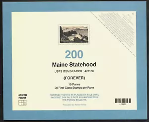 MAINE STATEHOOD BICENTENARIO 2020 SCOTT #5456 COMM. FOREVER STAMP SHEET TOP CARD - Foto 1 di 2