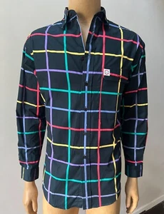 Men’s Retro Colorblock Vintage 90s Window Pane Long Sleeve Button Black Shirt M - Picture 1 of 4