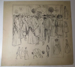 c 1900 Original Art PEN & INK Unknown Artist MASQUERADE BALL Costume MARDI GRAS - Picture 1 of 8