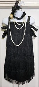 Girls Roaring 20s Flapper Costume 4-6 Dress Feather Headband Pearl Necklace 1920 - Picture 1 of 6