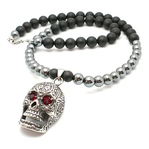 Kette für Herren Männer Onyx stein Totenkopf Perlenkette Halskette Rosenkranz - Bild 1 von 6
