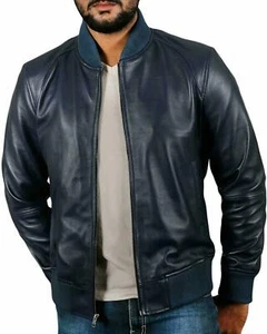 Chaqueta de bombardero de vuelo azul de cuero de cordero real para hombre ele... - Imagen 1 de 8