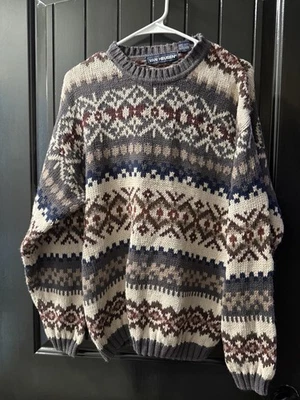90s Vintage Van Heusen Multicolored Fair Isle Chunky Knit Pullover Sweater L - Image 1 of 4