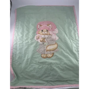 VTG Handmade Kitty Cat Blanket Pink Dress Bonnet Flowers 30x 40 Baby Quilt Gift - Picture 1 of 11