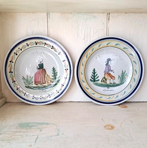 LOT 2 Antique c. 1900 HB Quimper 9.25" Plates Breton Man & Woman - Picture 1 of 14