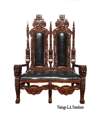 Unique Highly Carved Lion King Throne Leather Settee Chair w Lion Handrests - Image 1 of 4