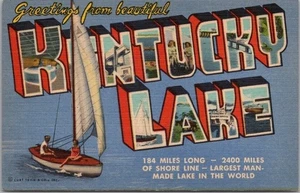 Postal de lino con letra grande KENTUCKY LAKE "El lago hecho por el hombre más grande del mundo" - Imagen 1 de 2
