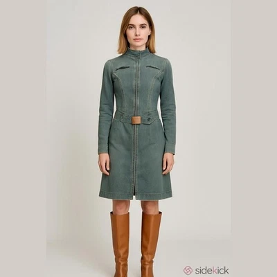 Vestido de mezclilla Terranova retro manga larga cuello alto cremallera cinturón-talla S Foto 1 de 4