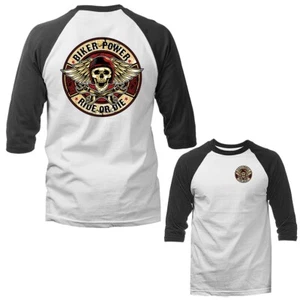 Biker Power Bikers Vintage Classic Custom Motorcycle Graphic 3/4 Sleeve Raglan - Picture 1 of 10