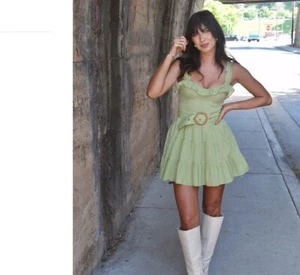 Show Me Your MUMU Sage Jolene Cotton Mini Dress Self Belt Elasticized Large NWT - Picture 1 of 17