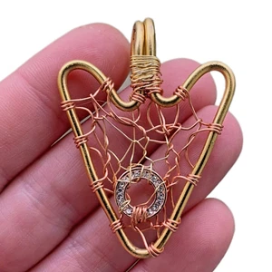 Arrowhead Shaped Dreamcatcher Gold & Copper Wire Wrap Pendant Unique CZ Jewelry - Picture 1 of 12