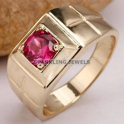 VVS Ruby Round Cut With 925 Silver Gold Plated Ring For Men #C300 - Image 1 of 4