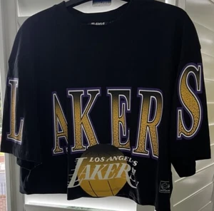 NBA Lakers T Shirt Size 14 16 L Black Purple Print Crop Top Cropped - Picture 1 of 8
