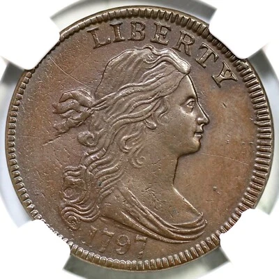 1797 S-126 R-3 NGC AU Details Rev of 97, Stems Draped Bust Large Cent Coin 1c - Image 1 of 3