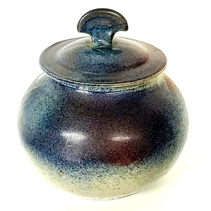 Larson Pottery storage Jar Glazed Blue Red & Beige W/ Lid - Picture 1 of 12