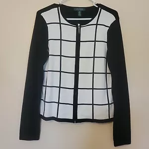 Lauren Ralph Lauren Cardigan Sweater Medium Black White Full Zip Long Sleeve - Bild 1 von 12