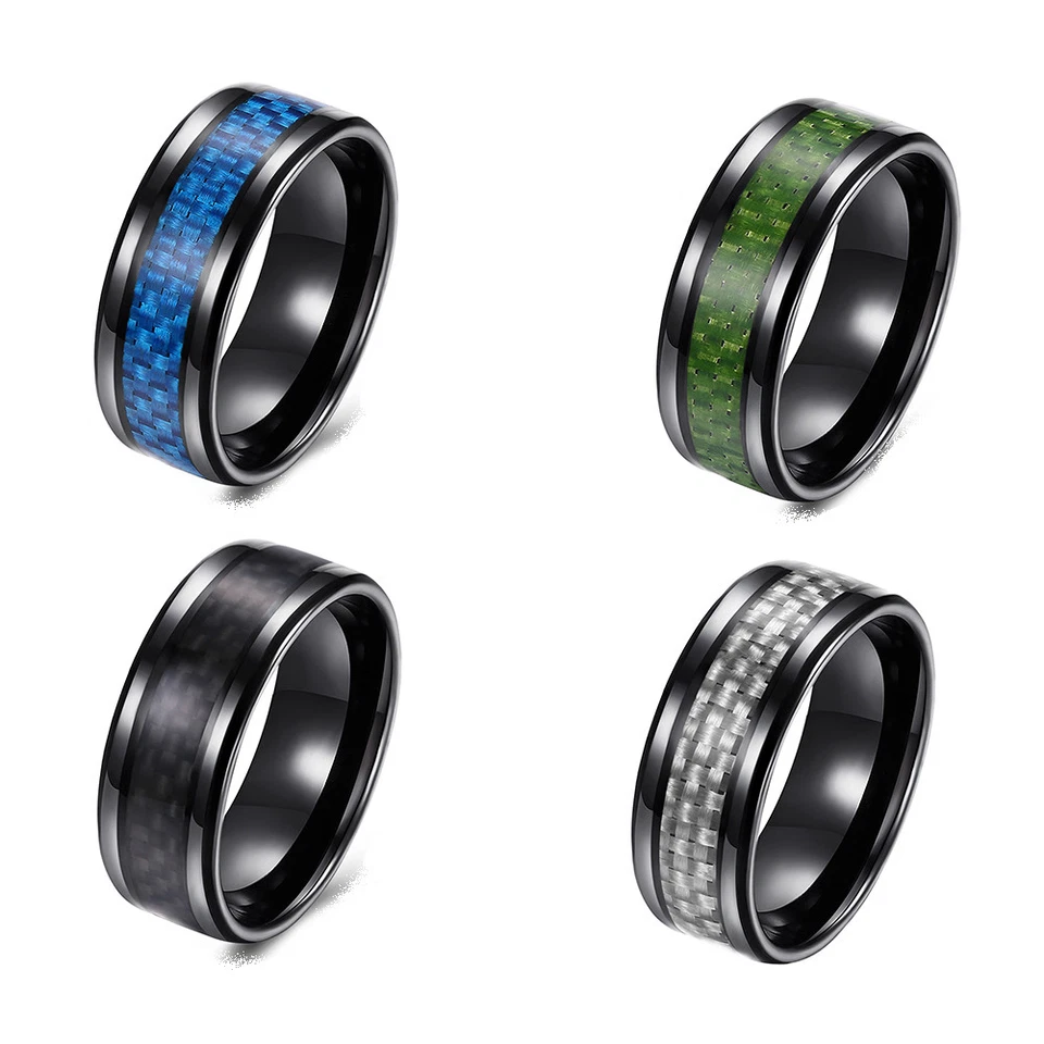 Stainless Steel Black Mens Band Carbon Fiber Silver Black Blue Ring B558 - Image 1 of 1