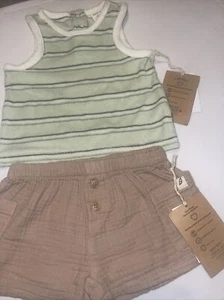 Easy Peasy Baby Striped Green Terry Cloth Tank Top & Khaki Shorts 3/6 Months - Picture 1 of 5