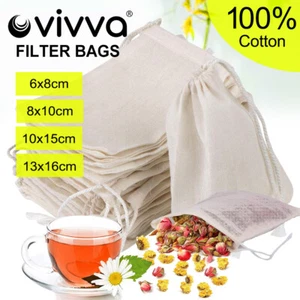 UP 100x Reusable 100% Cotton Muslin Filter Bags Spices Herbs Tea Soup Drawstring - Picture 1 of 8
