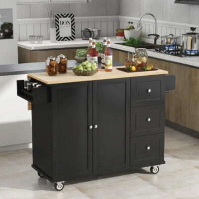 52.7'' Rolling Kitchen Island with Wood Top, Cabinet & Breakfast Bar, Spice Rack - Image 1 of 4