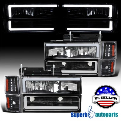 For 1994-1998 Chevy C10 C/K Tahoe Suburban Black Headlights LED w/ Corner+Bumper - Image 1 of 4