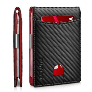 Red Wallet for Men Slim 11 Credit Card Holder Slots Leather Money Clip RFID B... - Picture 1 of 7