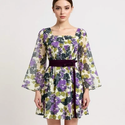 Mini Vestido Floral Chifón Manga Campana Transparente Retro Púrpura Acuarela Túnica Foto 1 de 4