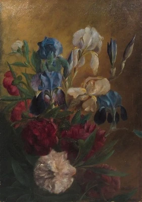 Antigua pintura al óleo francesa lienzo ramo flores iris peonías firmado Gilbault Foto 1 de 4