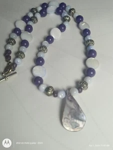 17' Beachy Purple/ White Surfer Style Shell/Pearl Choker Necklace,Free Shipping! - Picture 1 of 9
