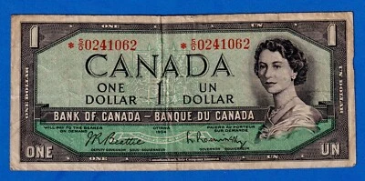 Canada $1 1954 BC-37bA / P-74b CIRC REPLACEMENT  / ASTERISK  *S/O 0241062 - Image 1 of 3
