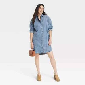 Damen Langarm Denim Mini Shirtkleid - Universal Thread Blau XS - Bild 1 von 5
