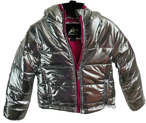 NWT Hot pink Metallic silver winter puffer waterproof Bling Jacket Girls 4/5 - Picture 1 of 4