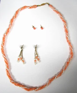 Coral Fresh Water Pearls Necklace 2 Earring Set 24 Long Stud & Dangling G Silver - Picture 1 of 3
