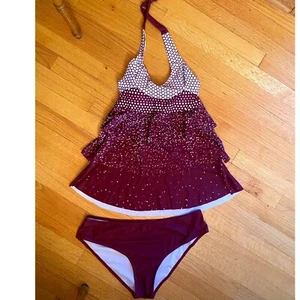 Tankini Swimsuit Halter Top Ruffled Maroon White Polka Dot Swimwear L - Picture 1 of 7