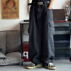 Men Baggy Jeans Hip Hop Denim Pants Cargo Pockets Loose Wide Leg Big Pocket