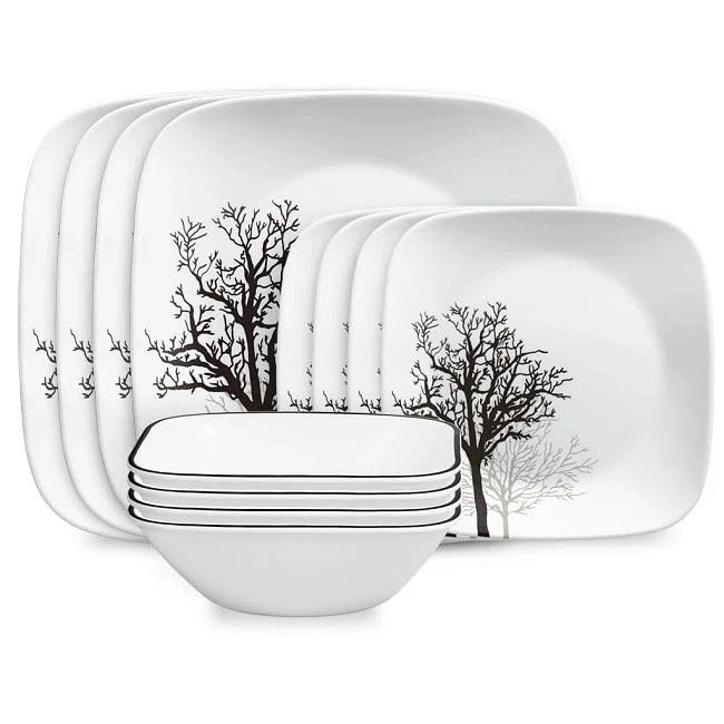 Corelle® Timber Shadows Square 12 件套餐具套装,服务适用于 4 白色  — 第 1/1 张图片