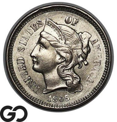 1865 Three Cent Nickel, Very Nice Lustrous Solid Gem BU++ - Image 1 of 3