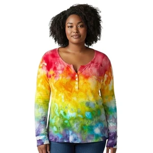 Talbots XL Top Handmade Rainbow Tie Dye Long Sleeve Henley Cotton Pride 1741 - Picture 1 of 12