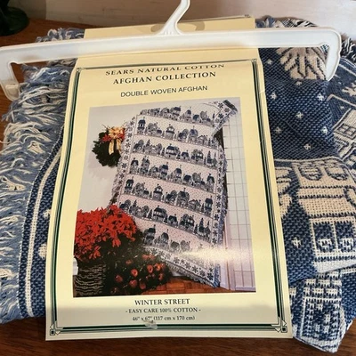 Nueva manta afgana de algodón vintage Sears con etiqueta acogedora casa de campo “Winter Street” Foto 1 de 4