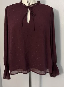 INC Top Womens Sz XXL Burgundy Sheer Ruffle Slv Swiss Dot Fairy Y2K Romantic - Picture 1 of 18