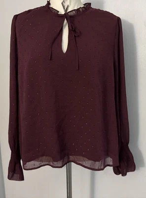 INC Top Womens Sz XXL Burgundy Sheer Ruffle Slv Swiss Dot Fairy Y2K Romantic - Image 1 of 4