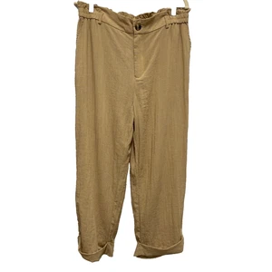 Halara Paper Bag High Waisted Crop Pants Sz L Tan Khaki Wide Leg Pockets Relaxed - Picture 1 of 9