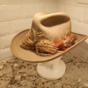 Vintage Barlesoni FEDORA Feather BROWN Tan Men’s HAT Felt Beige Cap SZ 7 - Picture 1 of 6