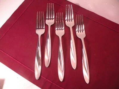 Set of 5 Oneida SIMMER Stainless Glossy Frosted Swirl Dinner Forks 8" C - Image 1 of 4