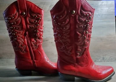 Limelight Red Cowboy Boots Gold Embellishments Size 7 Half Zip Up Side Pull On  - Image 1 of 4
