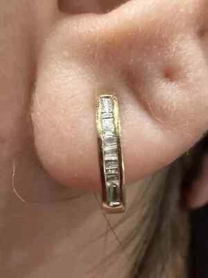 14k Yellow Gold Baguette Diamond Hinged Hoop Earrings - Image 1 of 3