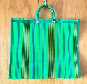 New - Mexican Medium Mesh Market Bag Bolsa Lime Green w/ Blue & Red Stripes - Picture 1 of 3