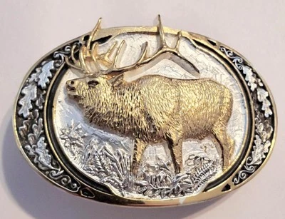 HTF MONTANA SILVERSMITH WITH FULL ELK  BELT BUCKLE WITH DISCONTINUED STAFF LOGO - Image 1 of 4