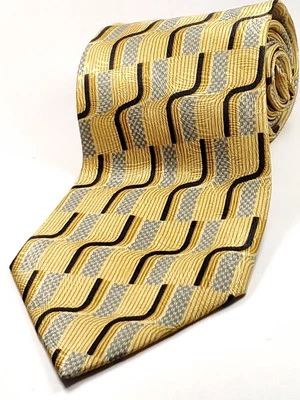 ROUNDTREE & YORKE Vintage Handmade in USA 100% Silk Tie Gold Navy Blue Gray NEW - Image 1 of 3